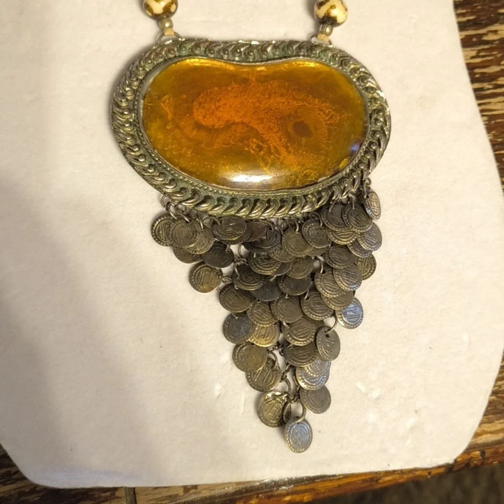 Vintage Amber , Metal Wood Statement Necklace - Picture 2 of 11